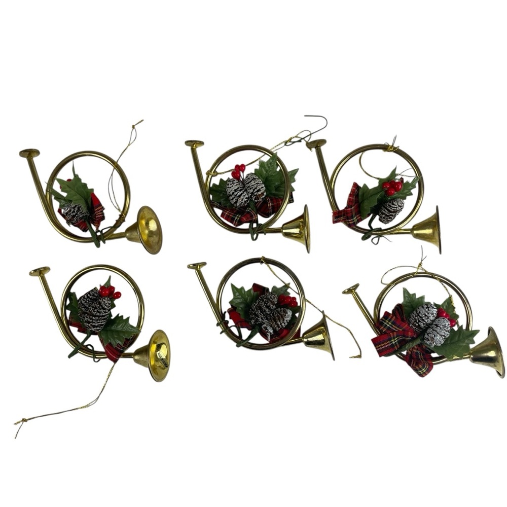 Set of 6 Vintage Brass French Horns Christmas Tree Hanging Ornament